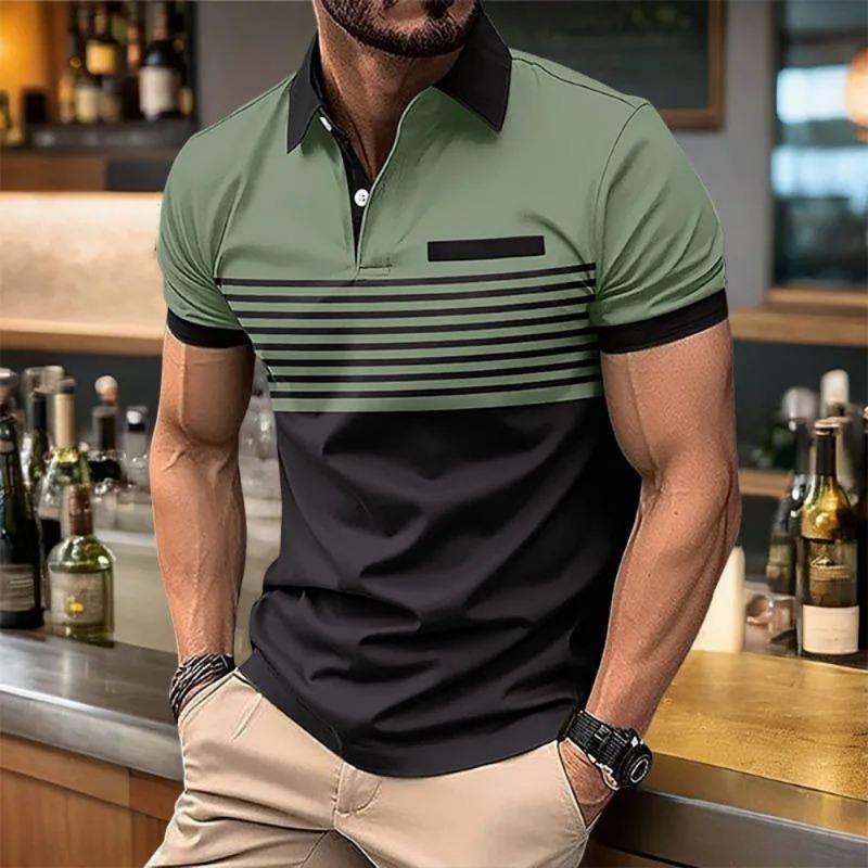 European and American Men's Summer Fashion Simple Striped Breathable Polo Short Sleeved T-Shirt Outdoor Casual