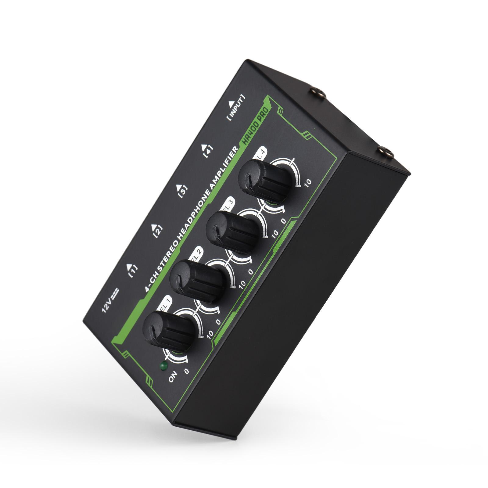 Amplificador de fone de ouvido estéreo de 4 canais, mini amplificador de áudio com adaptador de energia DC 12V US Plug preto