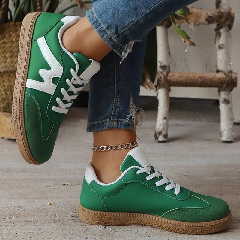Fashion Spring Autumn Green Lace Up Sneakers Women Fashion Faux Suede Round Toe Sports Shoes Woman Sewing Striped Flats Shoes Female