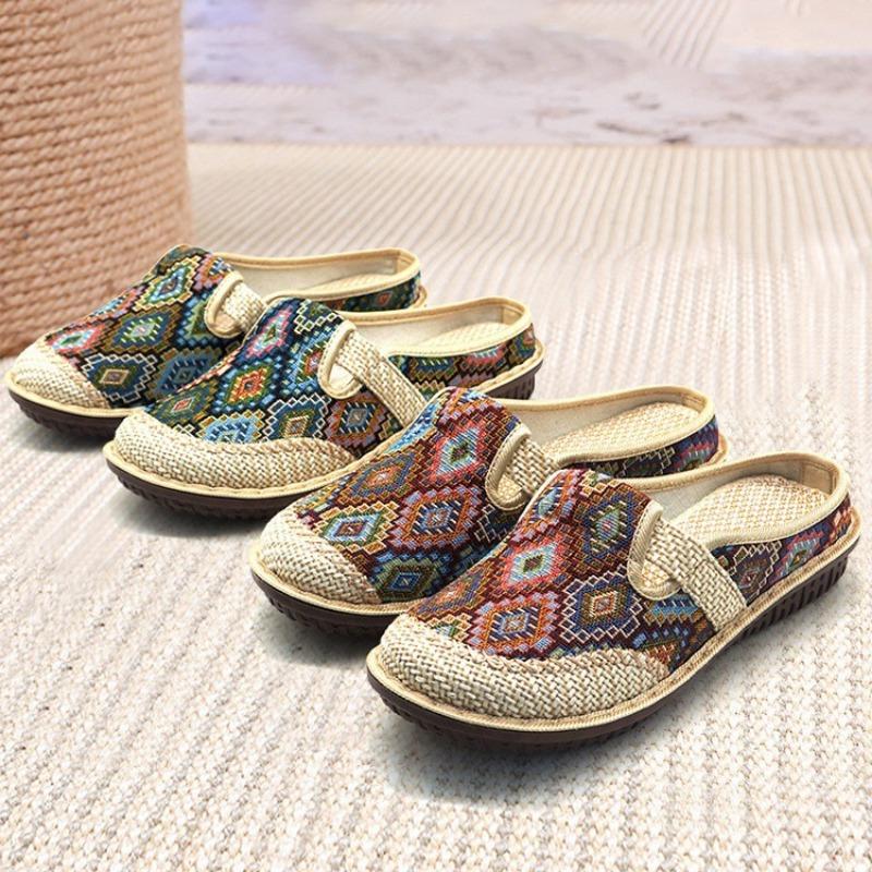 Shoes women's new one-pedal shallow-mouth women's shoes half-drag linen mother canvas single shoes soft sole summer breathable