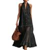 Vestido Maxi sin Mangas con Cuello Halter con Encaje y Paneles Transparentes con Volantes Vestido Largo Casual de Verano para Mujer