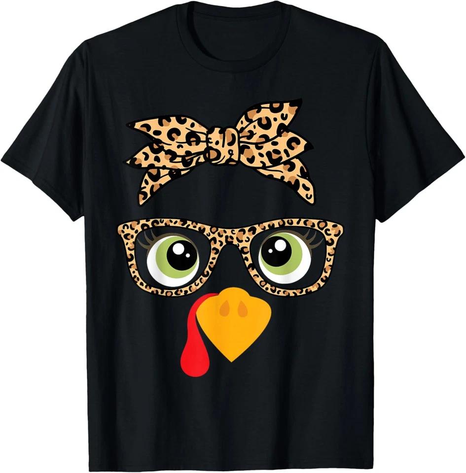 Turkey Face Leopard Glasses Thanksgiving T-Shirt 3XL