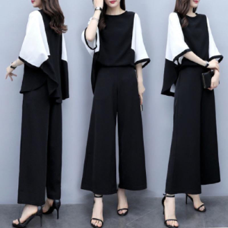 Women's Spring and Summer Two-piece Trousers Patchwork Loose Top Wide-leg Pants Casual Fashion Suit