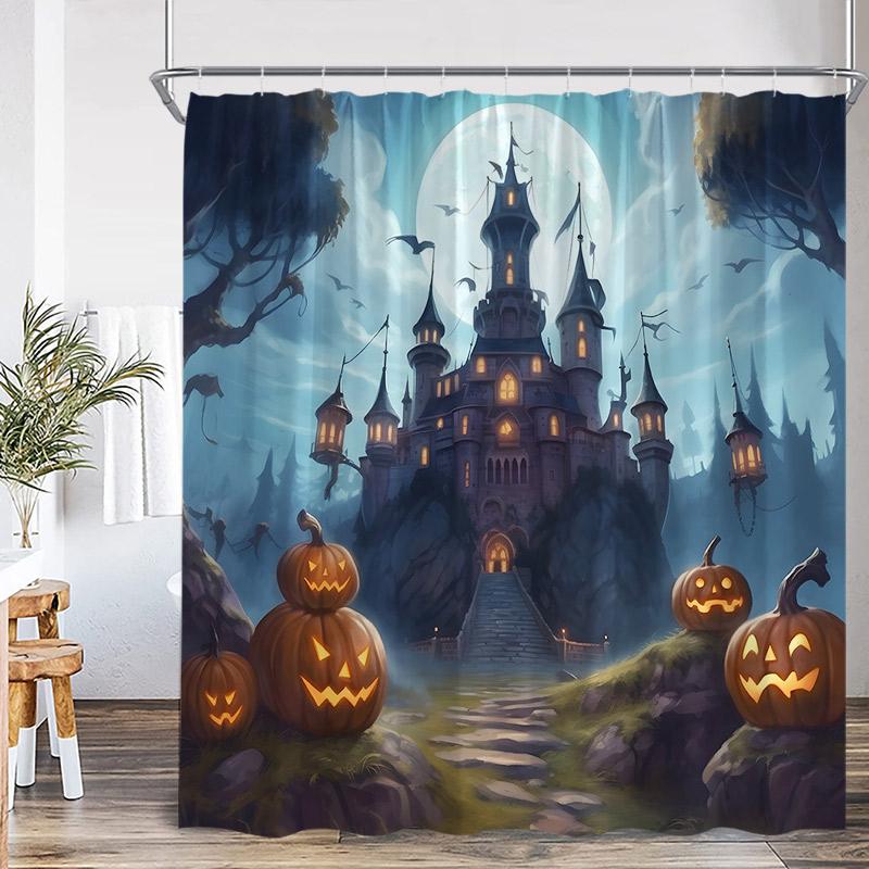 Horror Halloween Shower Curtain Forest Dead Trees Tombstone Crow Black Cat Skeleton Bath Curtains Home Bathroom Decor with Hooks