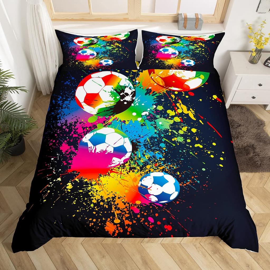 Set Față de Plapumă Albastru Flacără Fotbal Pentru Adolescenți Băiat Imprimare 3D Set Față de Plapumă Fotbal Dimensiune Completă Set Lenjerie de Pat Foc și Gheață Dimensiune Queen