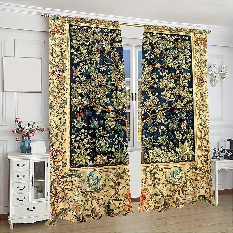 2 pieces - Flower-and-bird pattern printed curtains on trees, window decorations, home decorations, room decorations