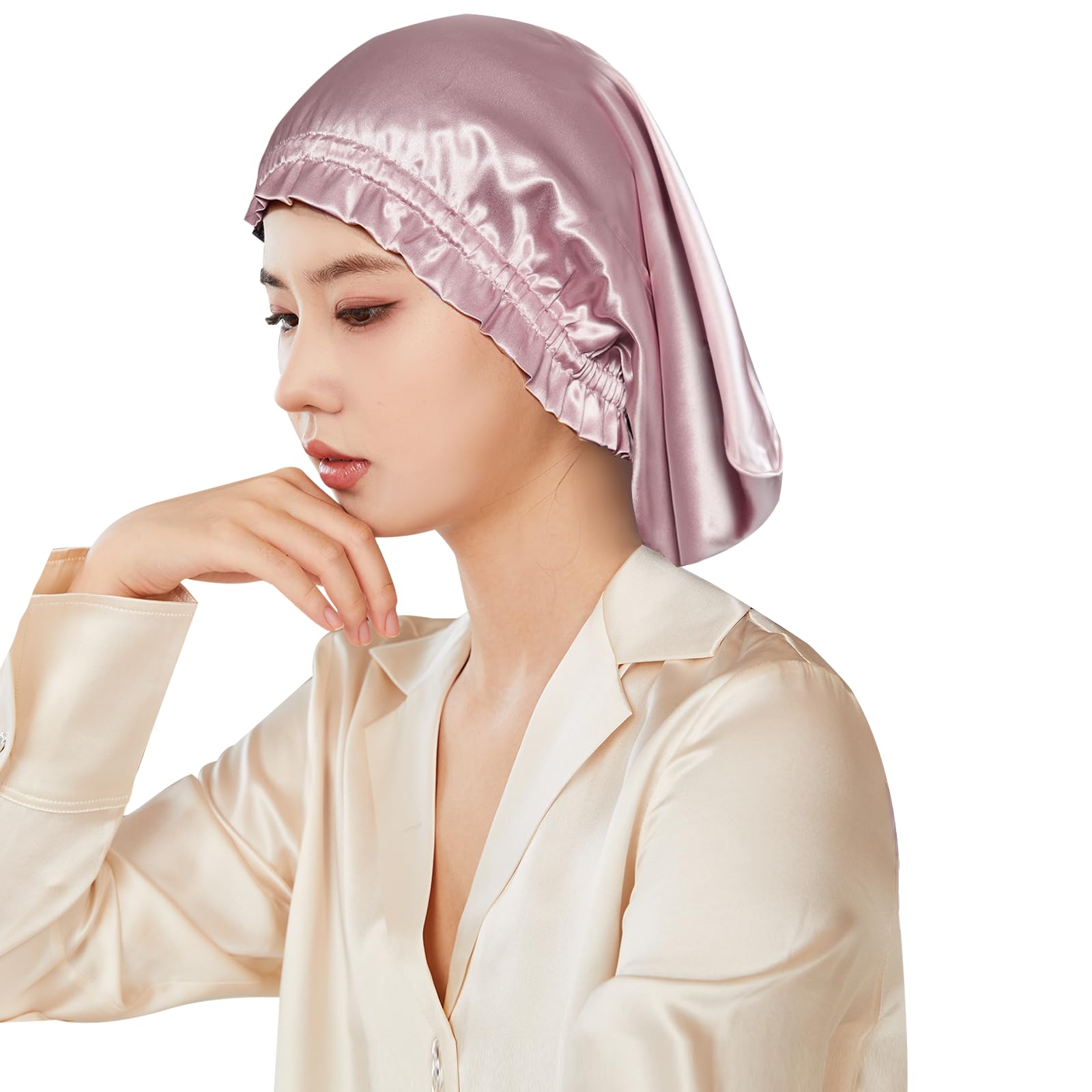 

Шелковая ночная шапочка Шелковая шапочка Цилиндрический дизайн Не скатывается до утра Шелковая шелковая ночная шапочка для длинных волос Шапочка для волос Предотвращает секущиеся кончики и спутанность волос Для розовый