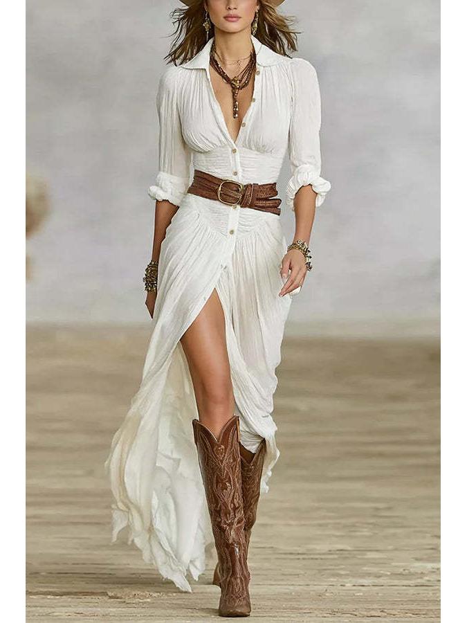 2025 European & American Women's Autumn Sexy Solid Color Belted Irregular Ruffle Dress
