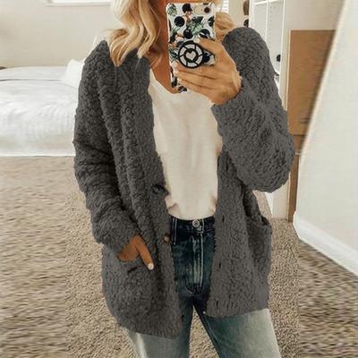 Chaqueta con capucha de un solo pecho de felpa con cuello en V para mujer Otoño Invierno con bolsillos