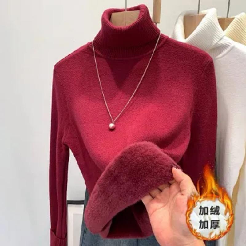 Women Fleece Lined Thick High Neck Warm Inner Knit Sweater Casual Top