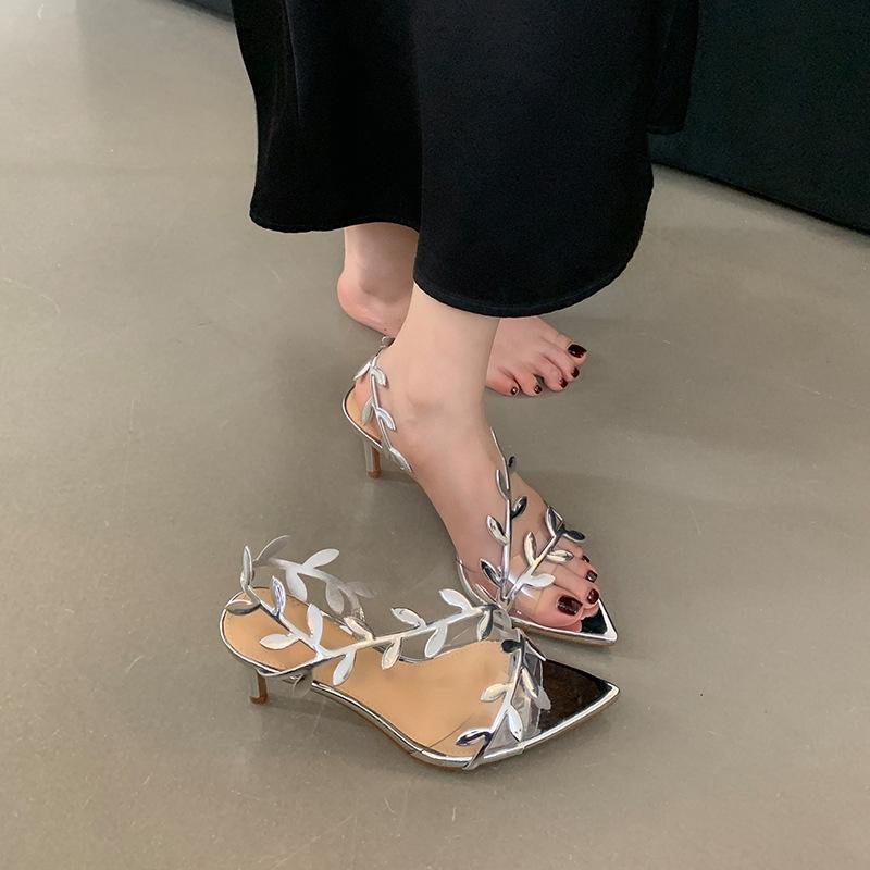 2025 Spring and Autumn New Fashion Versatile Niche Design Sense Golden Branches Jade Leaves High Heels Women's Fine Heel Open Toe One