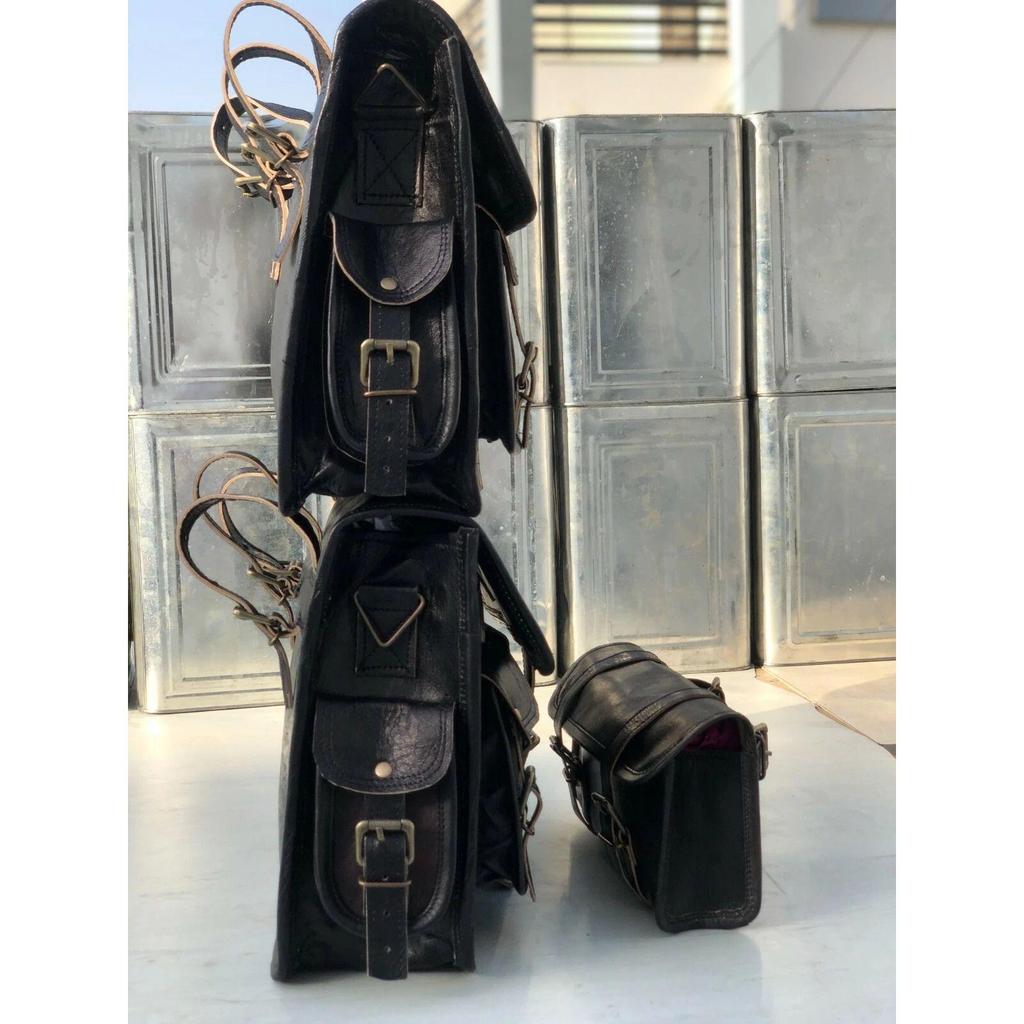 Leather Motorcycle 3 Saddle Bags Three Black Leather Side Pouch Panniers