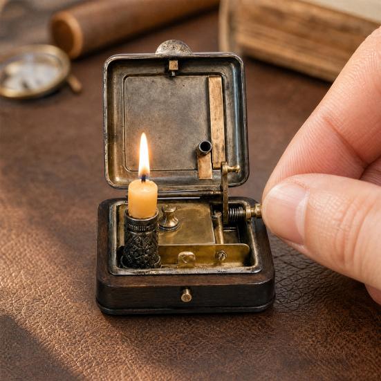 Mechanical Candle Box, 19 Century Vintage Wind-Up Pocket Igniter & Candle Holder, Retro Brass Victorian Flame Igniter Candle Box with Mechanical Riser