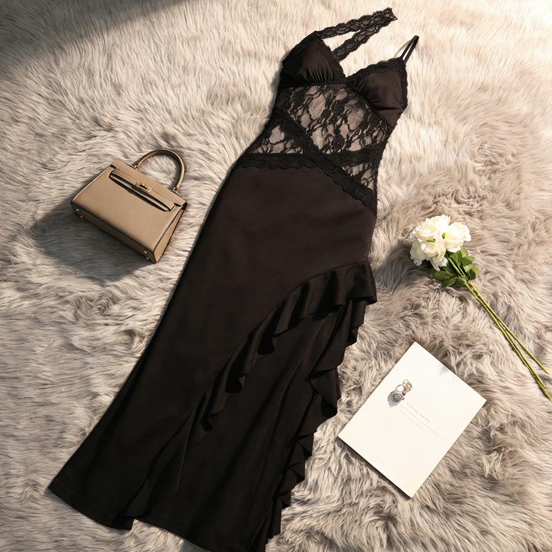 French Sexy Lace Hollow Suspender Dress Women's Design Sense Nightclub Fashion Temptation Ruffle Edge Split Dress