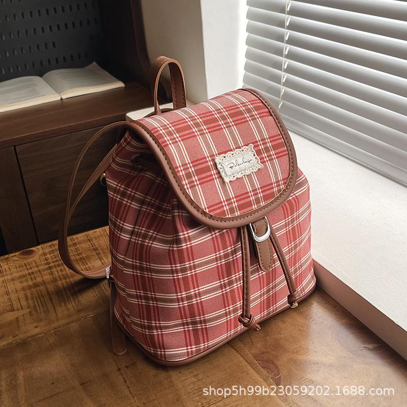 Niche Plaid Backpack Women's Retro College Style Casual Versatile Bucket Bag Fashion Student Commuter Backpack