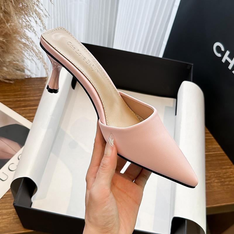 

Summer leather new style sheepskin bag head high heel women s fine heel pointed cold slippers small fragrant wind 33 чёрный