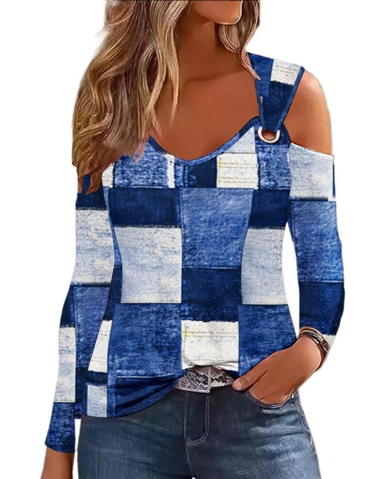 Damen Lässig Sommer Blumenmuster Langarm U-Ausschnitt Bluse Mode Shirts