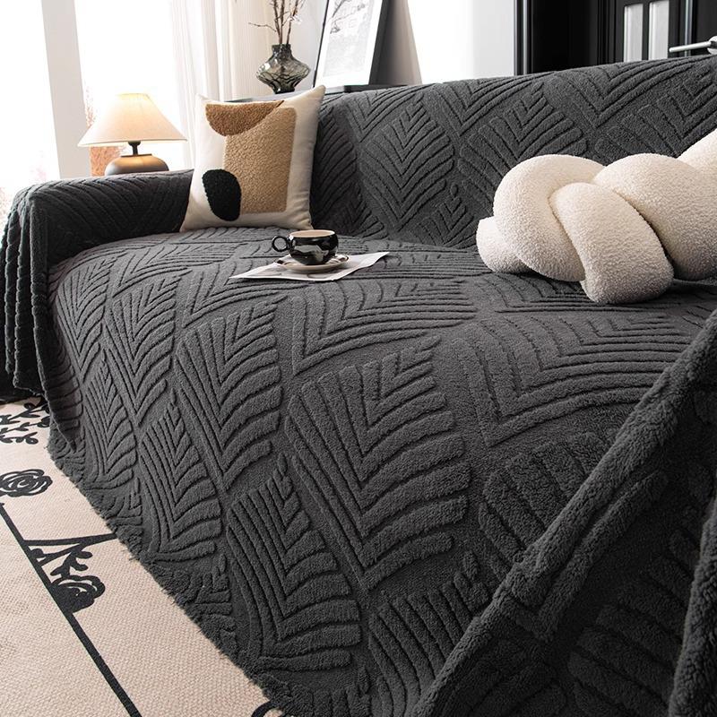 Cream Plush Sofa Wrap: One-Piece Cushion Cover & Warm Blanket for Autumn/Winter.