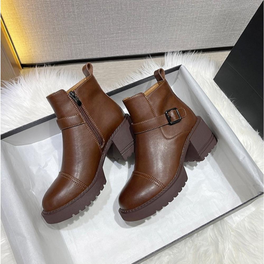 Leather Platform Women's Boots New British High Heels Small Height Increase Thick Heels Short Boots Winter Velvet Shoes Women