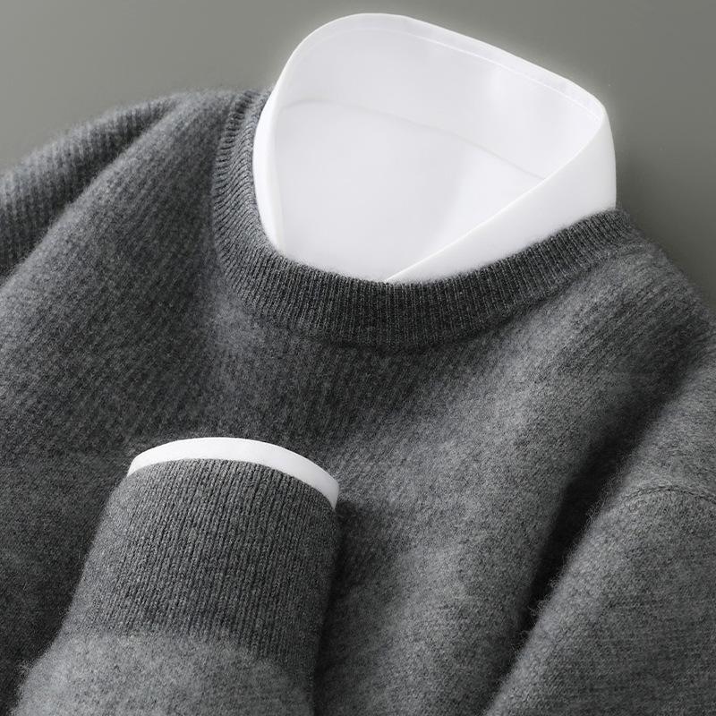 Men's 100% Pure Wool Color Block Round Neck Sweater - Thick Jacquard Knit for Autumn/Winter, Loose Casual Fit.