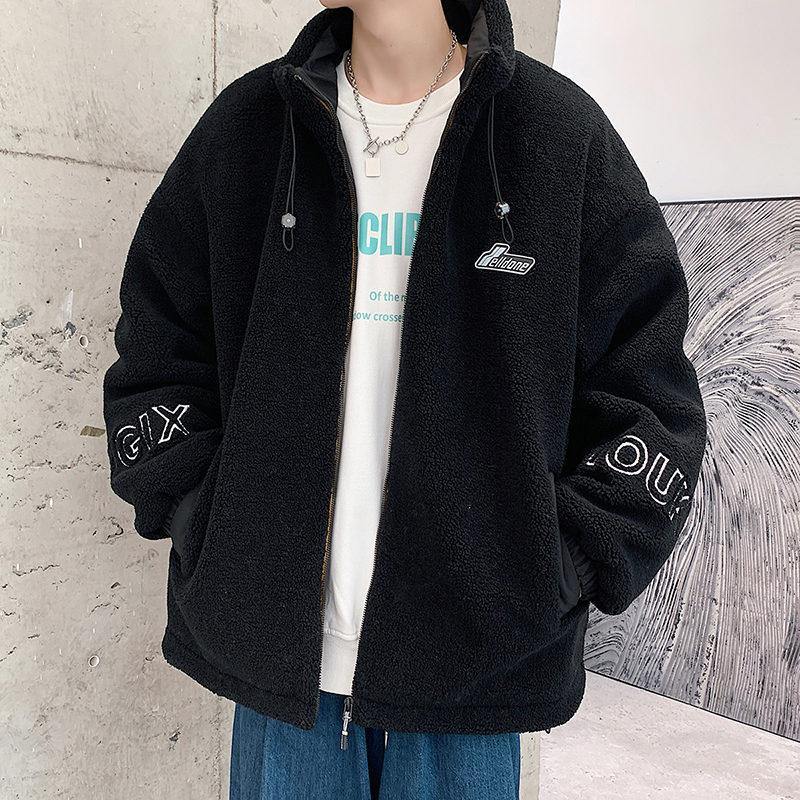 Neuer Wintermantel aus Lammsamt-Baumwolle für Herren, lockere und trendige Jacke im Hongkong-Stil, Baumwollmantel mit Stehkragen und Kordelzug für Herren