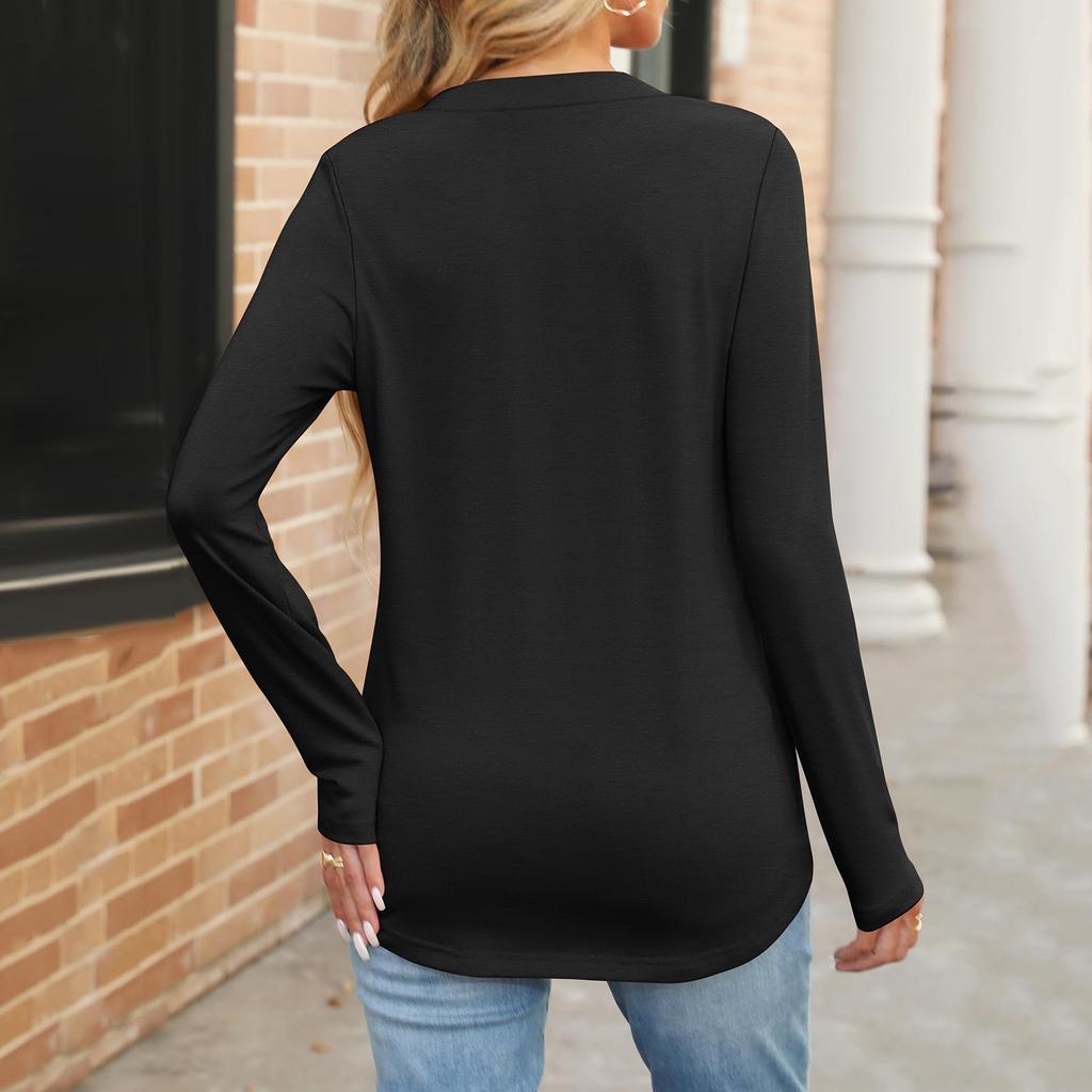 Women's Fashion Loose V-Neck T-Shirt Solid Colour Long Sleeve Casual Top