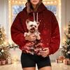 Damen Christmas Print Kapuzenpullover mit Haustier-Tasche Langarm Lässiger Pullover für die Feiertage