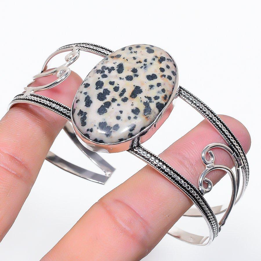 Natural Dalmation Jasper Gemstone 925 Sterling Silver Cuff Bangle Adj O3A71