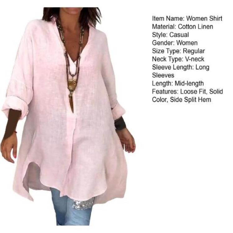 Long Sleeve Women Shirt V Neck Side Split Hem Pullover Tops Loose Fit Solid Color Summer Daily Wear