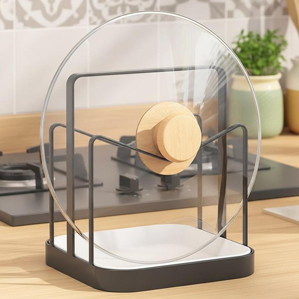 Pan Lid Holder with Removable Drip Tray Space Saving Kitchen Organizer Cabinet Storage for Stove Countertop, Home Kitchen