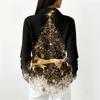 Women's Casual Christmas Print Long Sleeve Button Blouse with Lapel Collar and Side Slits