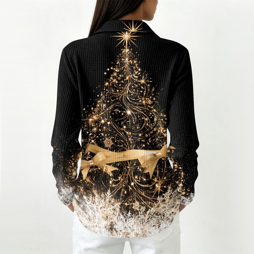 Women's Casual Christmas Print Long Sleeve Button Blouse with Lapel Collar and Side Slits