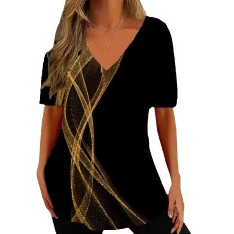 Retro Women's Ethnic Geometric Painting Harajuku T-shirt Women's Summer Casual Short Sleeve V-neck T-shirt