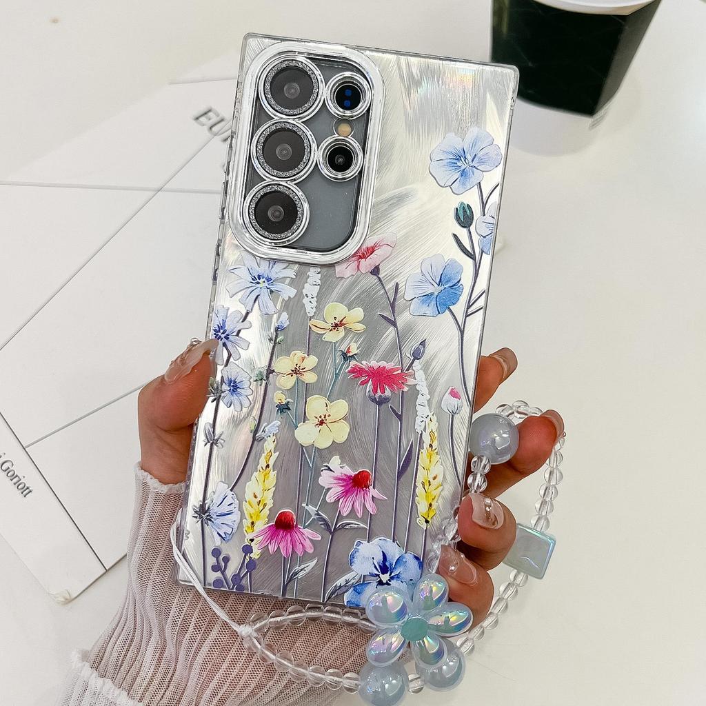 Samsung S25 Ultra Floral & Grass Lens Film Case - Full Coverage for S24 & A56, with Bracelet-style Protective Case