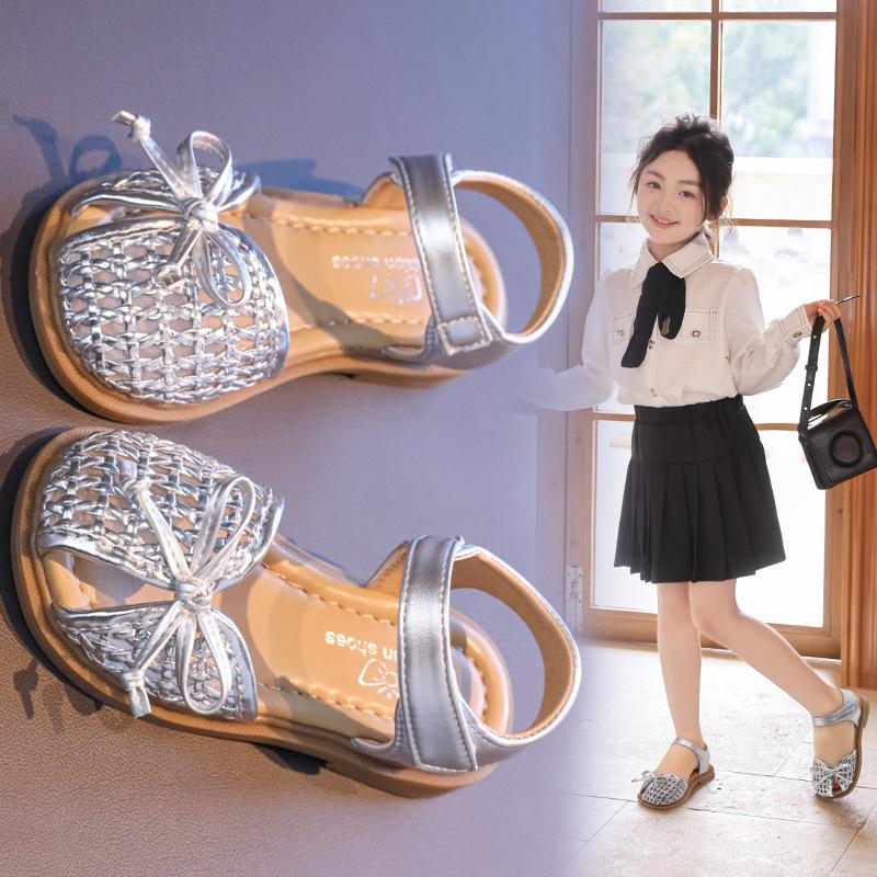 Girls Half Sandals Weave Trendy Soild Color Children Princess Shoes with Simple Bows 2025 Summer New Kids Beach Shoes Non-slip