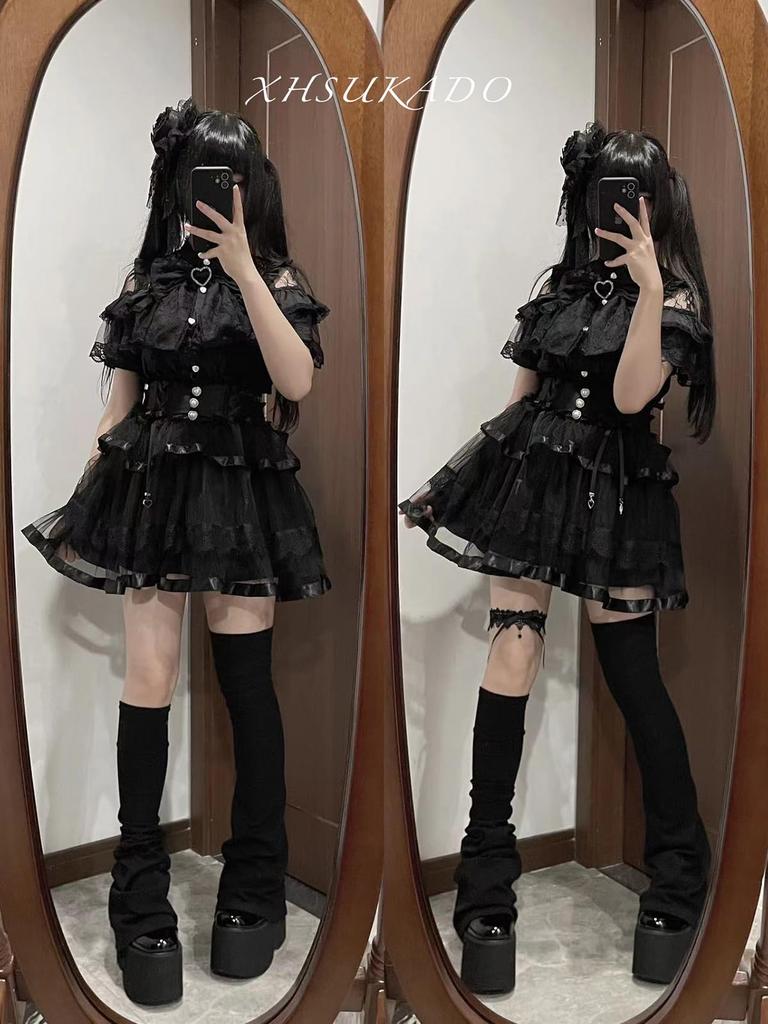 Open landmine lolita girly short XL [XHSUKADO] shoulder, style, blouse, women's, cute, stand-up collar, removable, ribbon, brooch, frills, lace,