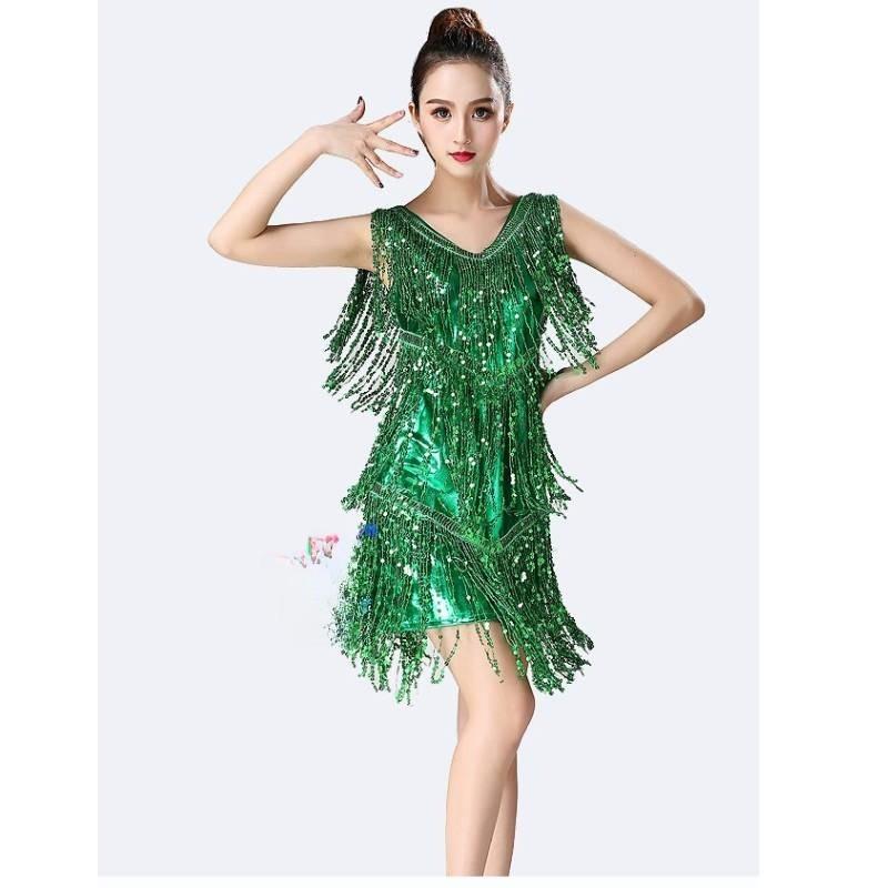 Abito da Danza Latina con Paillettes e Frange per Performance e Competizione Donna