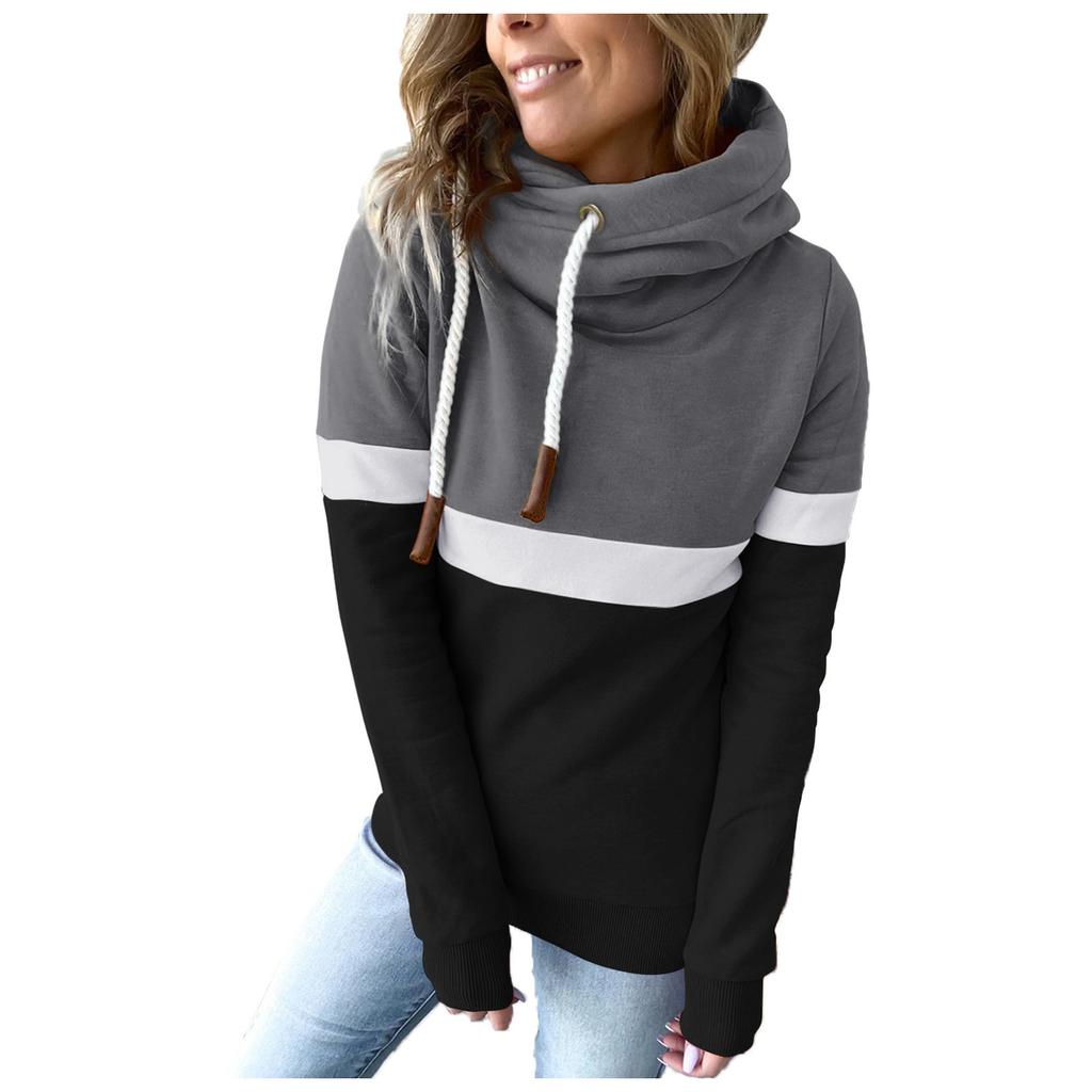 Fashion Womens Loose  Casual Hooded Drawstring Stitching Collision Color Long Sleeve Sweater