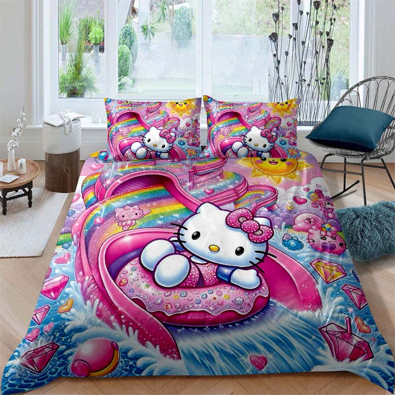 This Hello Kitty three-piece bedding set with a cartoon heart print, including one duvet cover and two pillowcases, makes a perf