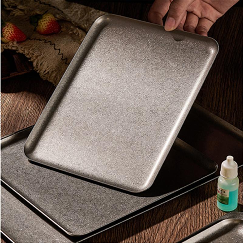 Snow Grey Rectangle 304 Stainless Steel Trays Square Kitchen Storage Plates Bread Dessert Plate Kitchen Dinner Hotel Dishes