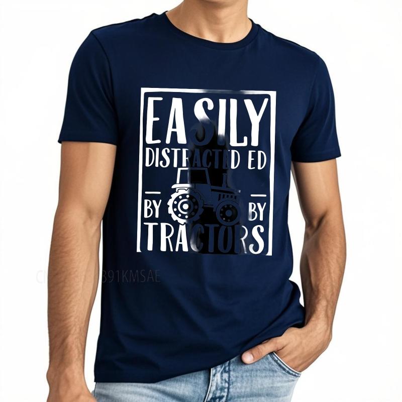 Black Summer For Him T Shirt Easily Distracted By Tractors Short Sleeve Breathable ONeck Tshirt Summer Cotton Men Tshirt