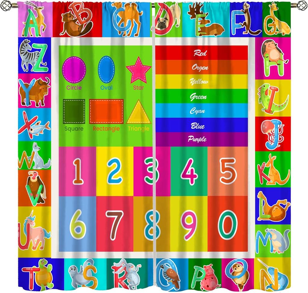 Abc Alphabet Curtains, Cartoon Toddler Colourful Animals Numbers Colours Classroom Learning Windows Treatments Drapes For Kids