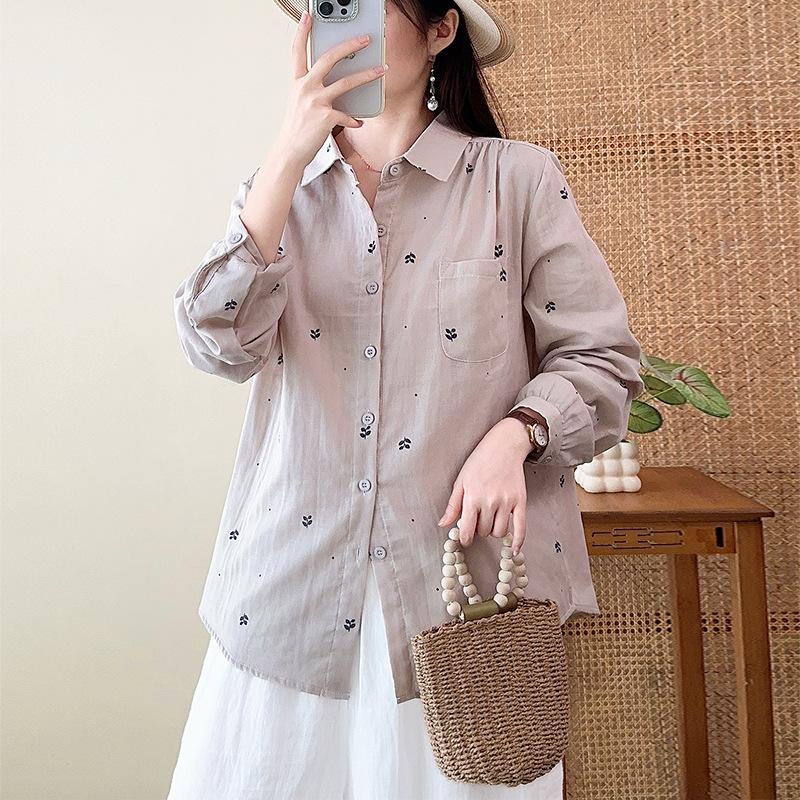 New Korean Temperament Casual Double-layer Cotton Yarn Pure Cotton Printed Shirt Women's Simple Design Versatile Lapel Shirt