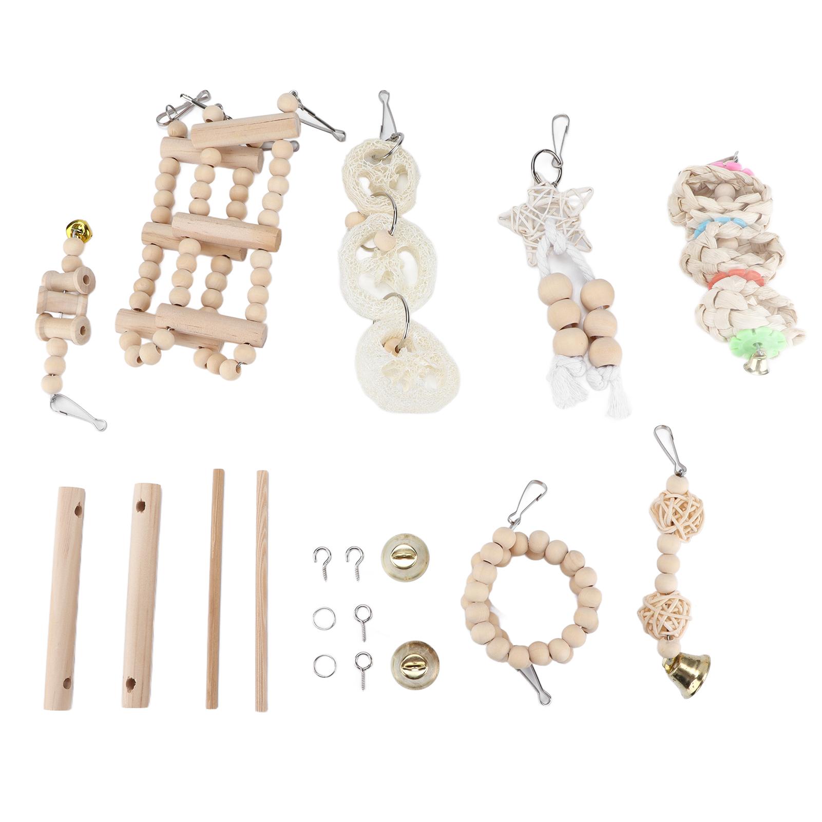 Konnwei 8 Pcs Parrot Toy Wooden Birds Swing Chewing Toy Pet Birds Cage Nest Hanging Toys Spiral Ladders Vertical Roosting Toys
