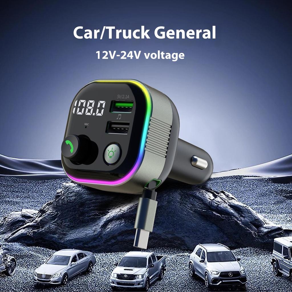 GZ11 65W PD Fast Charging Car Charger with Retractable Type C Cable Voltage Display Bluetooth-Compatible MP3 Player