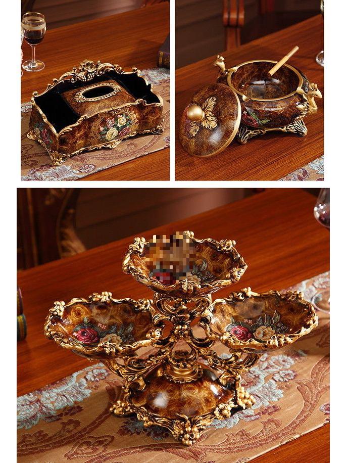 European and American Decorative Set: Fruit Bowl, Tissue Box, Ashtray, and Figurines for Living Room Coffee Table.
