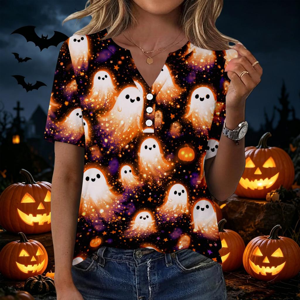 Women's Casual Halloween Print V Neck Short Sleeve Button Front T Shirt Lightweight Top for Everyday Wear