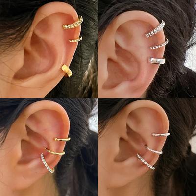 3PCS Vintage Simple Metal Crystal Ear Cuff for Women Teens Gold Color Non Piercing Fake Cartilage Clip Earrings Set Jewelry Gift