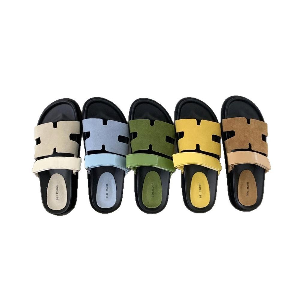 Seattle Holiday~ 2025 Summer New Thick-bottomed Velcro One-word Strap Wear Second Uncle H Slippers Women's Leather