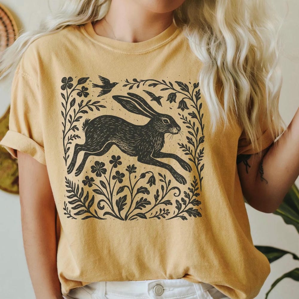Vintage Wild Hare Linoprint Shirt Witchy Folk Art Forest Animal Naturecore Tee Dark Academia Unisex Y2K Casual Shirt Streetwear